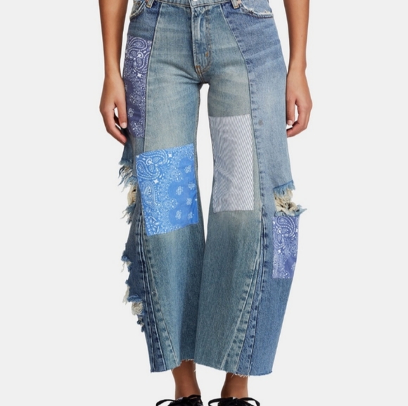 Free People Denim - Free People wide leg patch work jeans aka Joanna blue